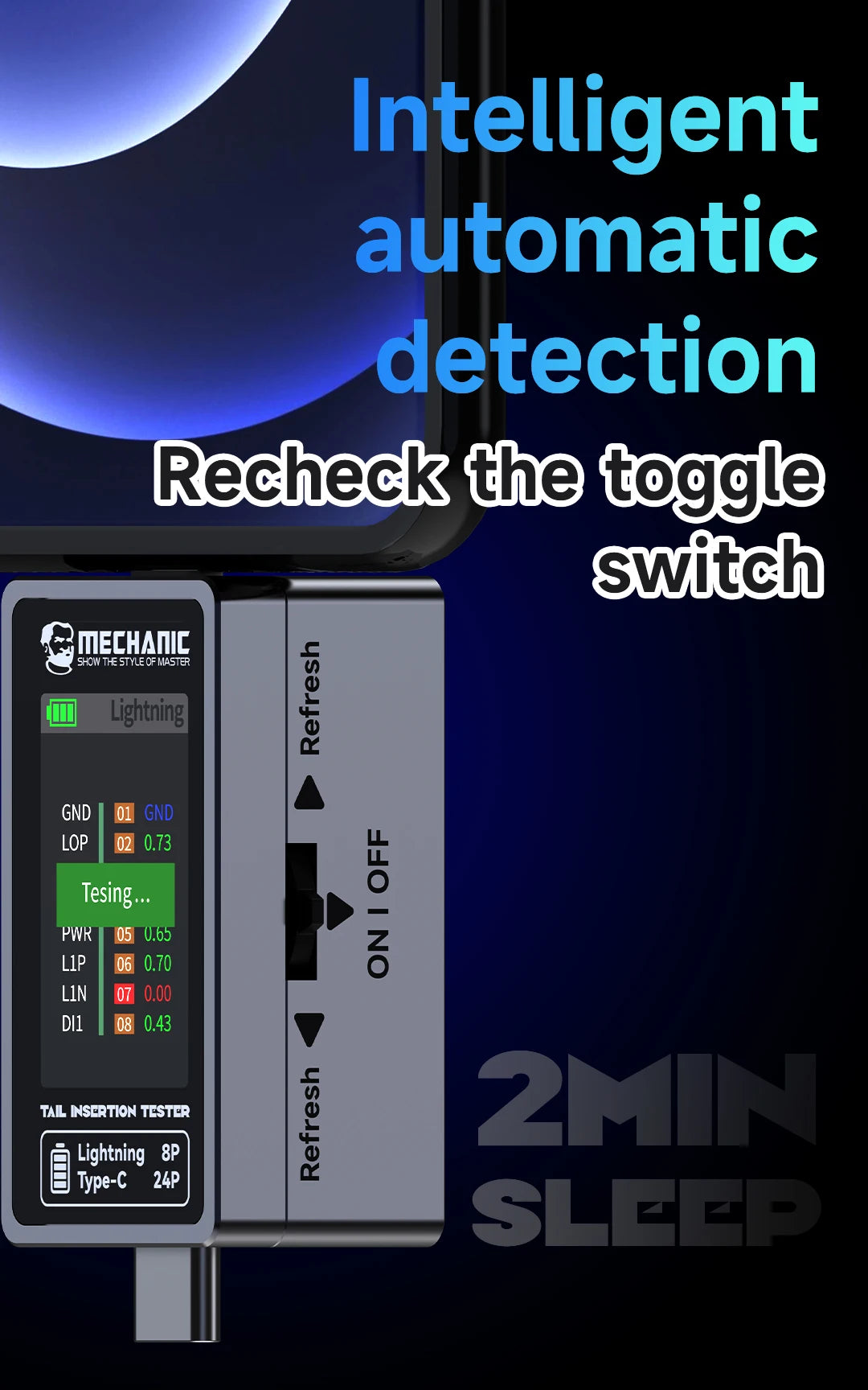 Tester Precisión Inserción Trasera Mechanic T-824 - Corriente y Potencia Digital (Tipo-C/Lightning)