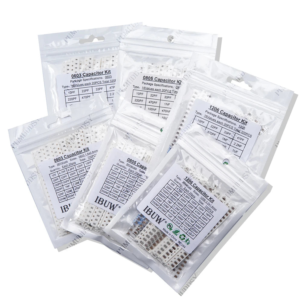 Kit Surtido Capacitor SMD (0603/0805/1206, 1pF-1uF, Varios Formatos: 16/36/50 Valores, 320/720/2500 Piezas)