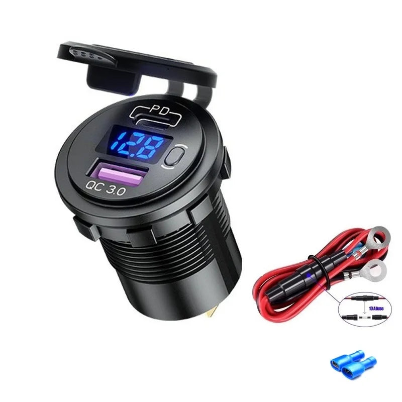 Cargador USB Auto/Camión PD 60W + QC 3.0 con Switch LED Voltímetro 12V/24V Carga Rápida