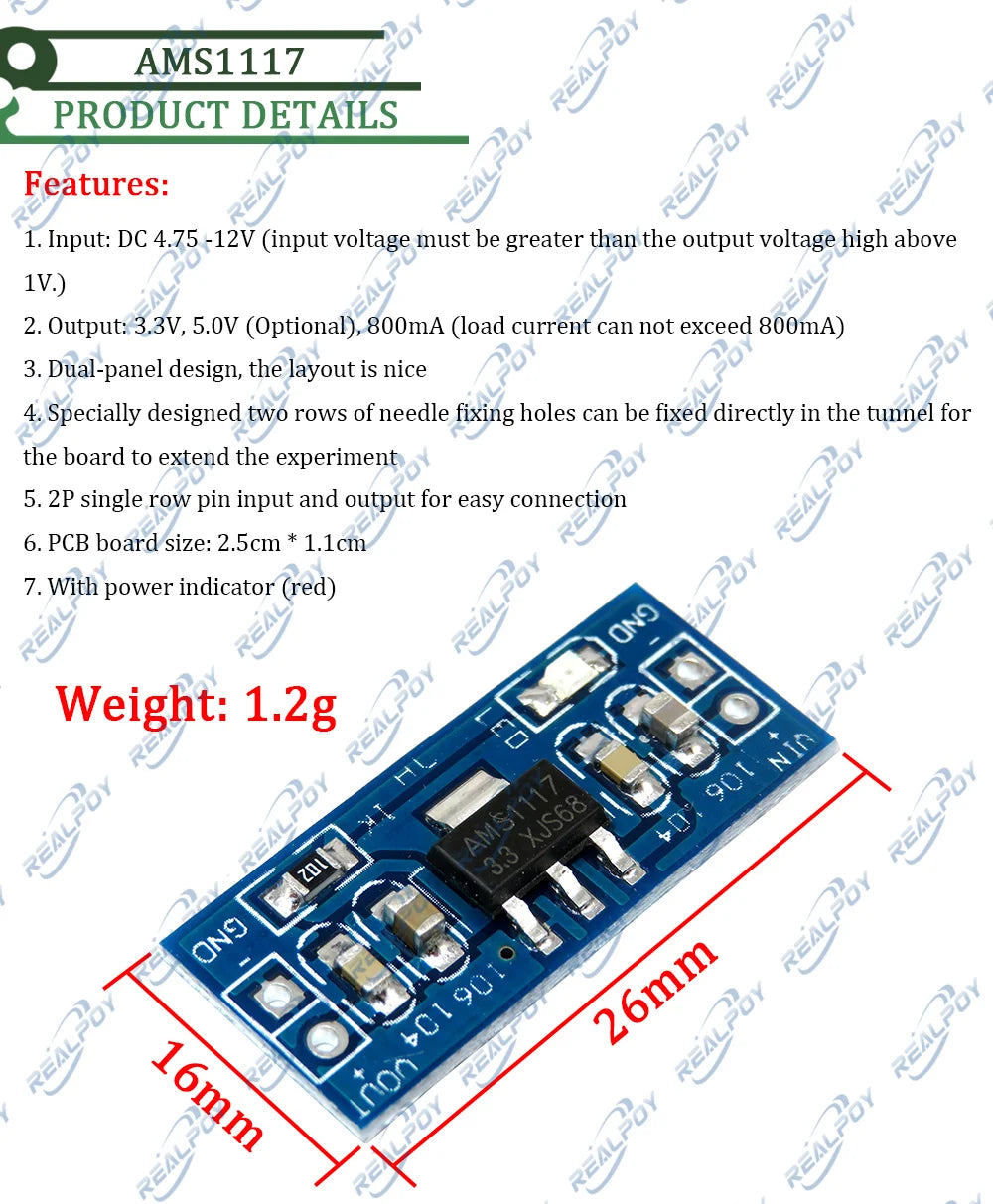 Módulo Convertidor Buck AMS1117 / LM1117 SMD DC-DC 4.5V-7V a 3.3V/5.0V/1.2V/1.5V para Arduino/Bluetooth