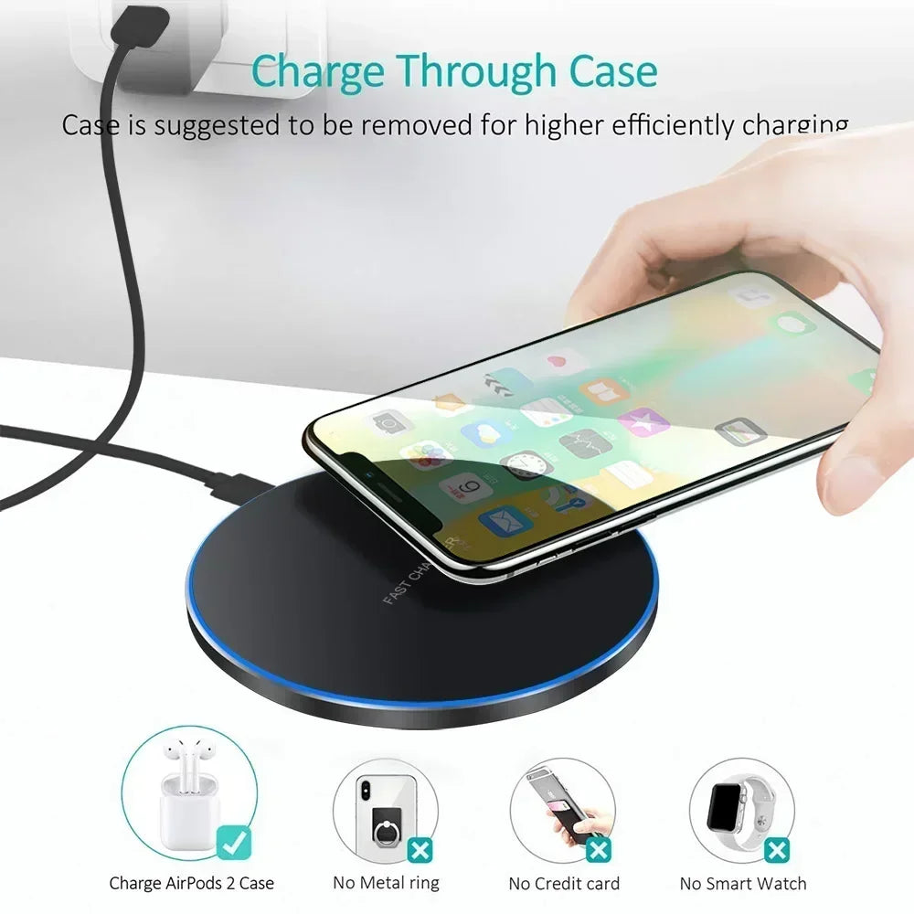 Cargador Inalámbrico Rápido Inducción para iPhone X/XR/XS Max/Mini / 12/13/15/16 Pro / Samsung S8-S10/S21/S22/Note (2025)
