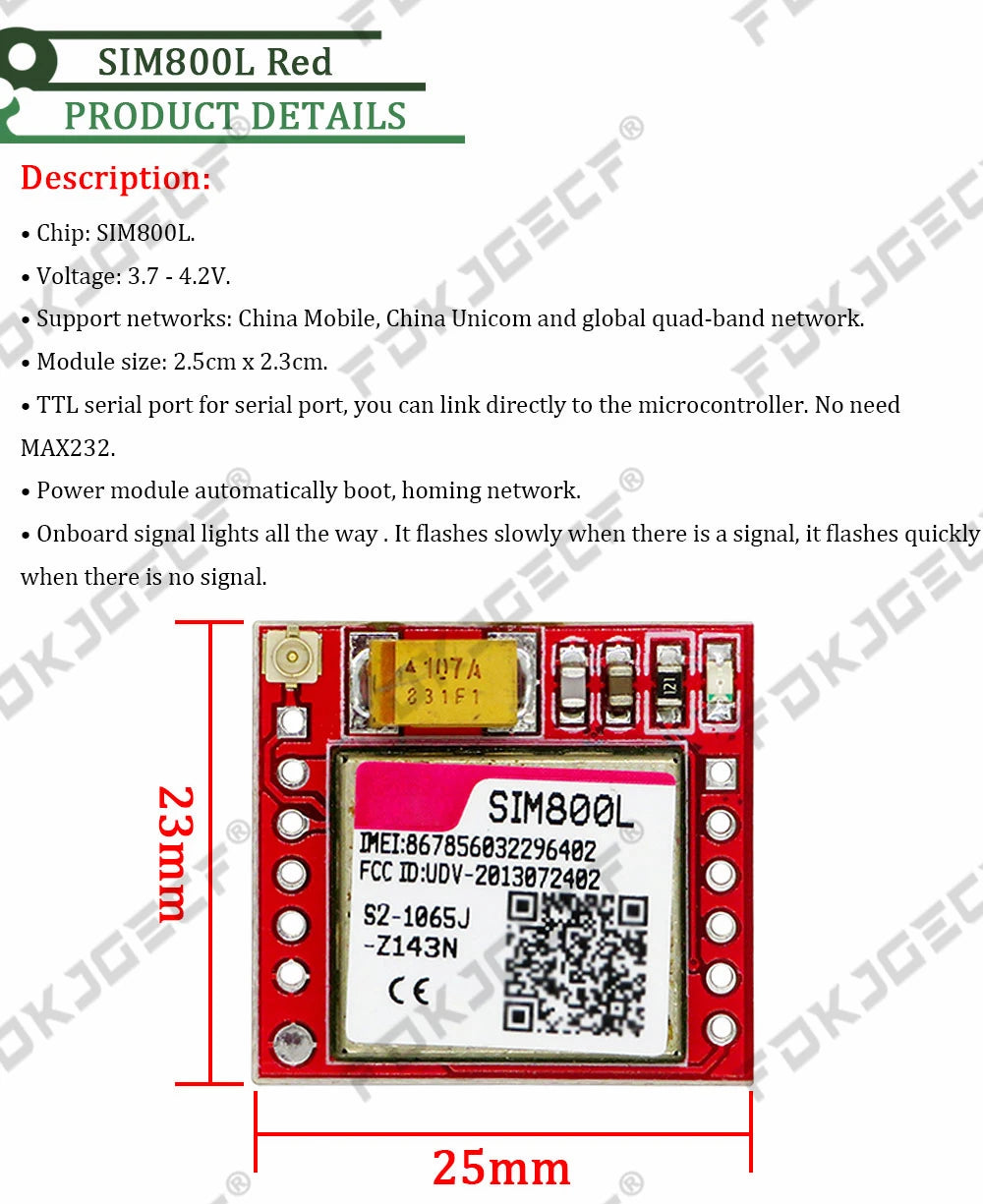 Módulo GSM/GPRS SIM800L V2.0 (5V, Quad-Band) con Antena y Cable