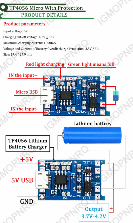 Lote 5 Pcs Módulo Cargador Batería Litio 18650 TP4056 Micro USB 5V 1A con Protección Dual
