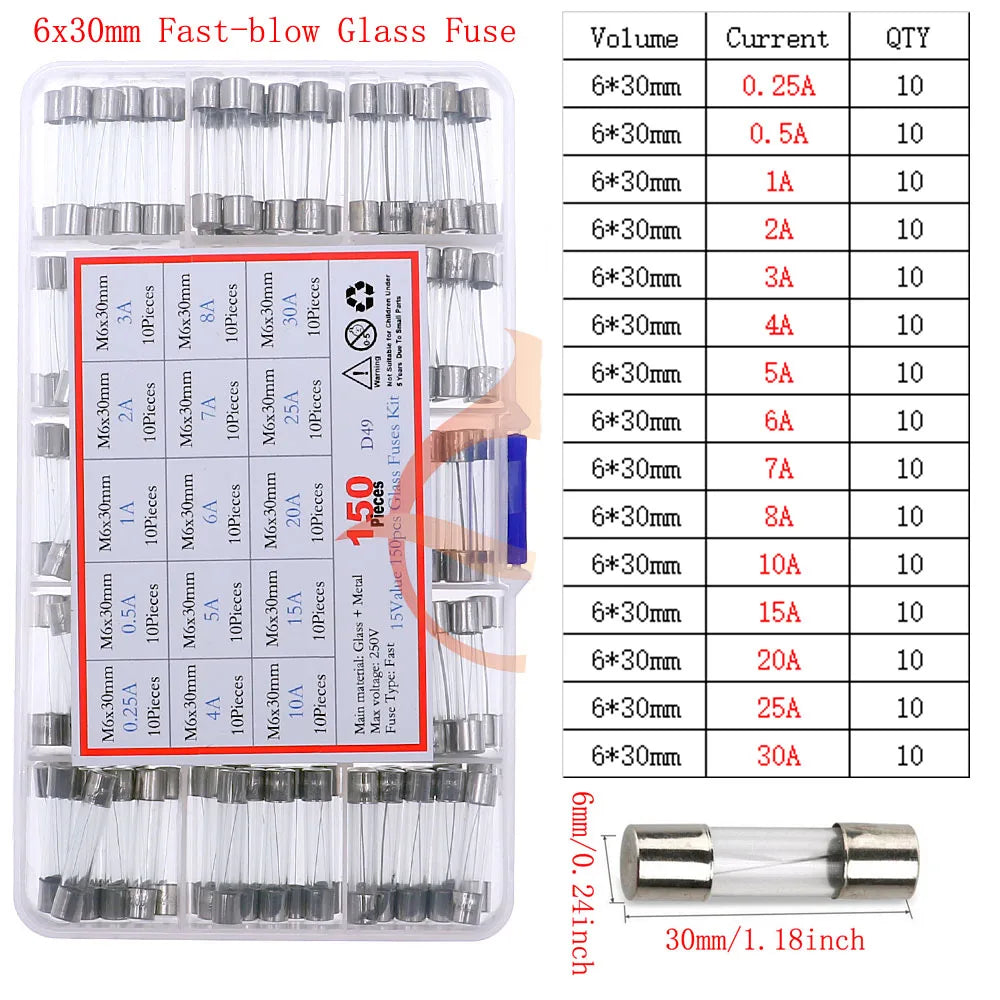 12V-250V Slow Fast Glass Fuse With Lead Wire Mix kit 0.1A 0.25A 0.5A 1A 2A 2.5A 3A 3.15A 4A 5A 6A 6.3A 8A 10A 15A 16A 20A 30A