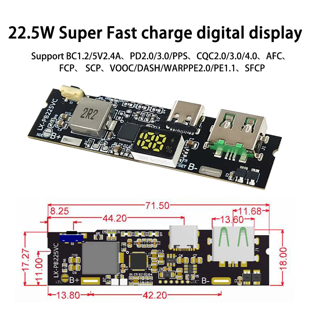 Módulo Power Bank Carga Rápida Bidireccional 22.5W DIY con Display Digital (USB/Tipo-C, Soporta VOOC)