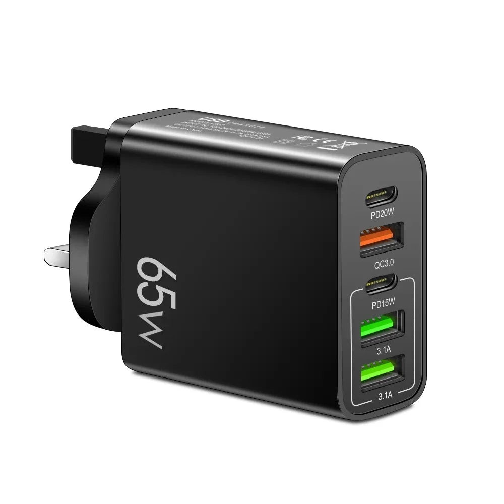 Cargador Pared USB C PD 20W + 4 Puertos USB (Total 65W) Carga Rápida QC 3.0 Adaptador para iPhone 15 Pro/Samsung/Xiaomi