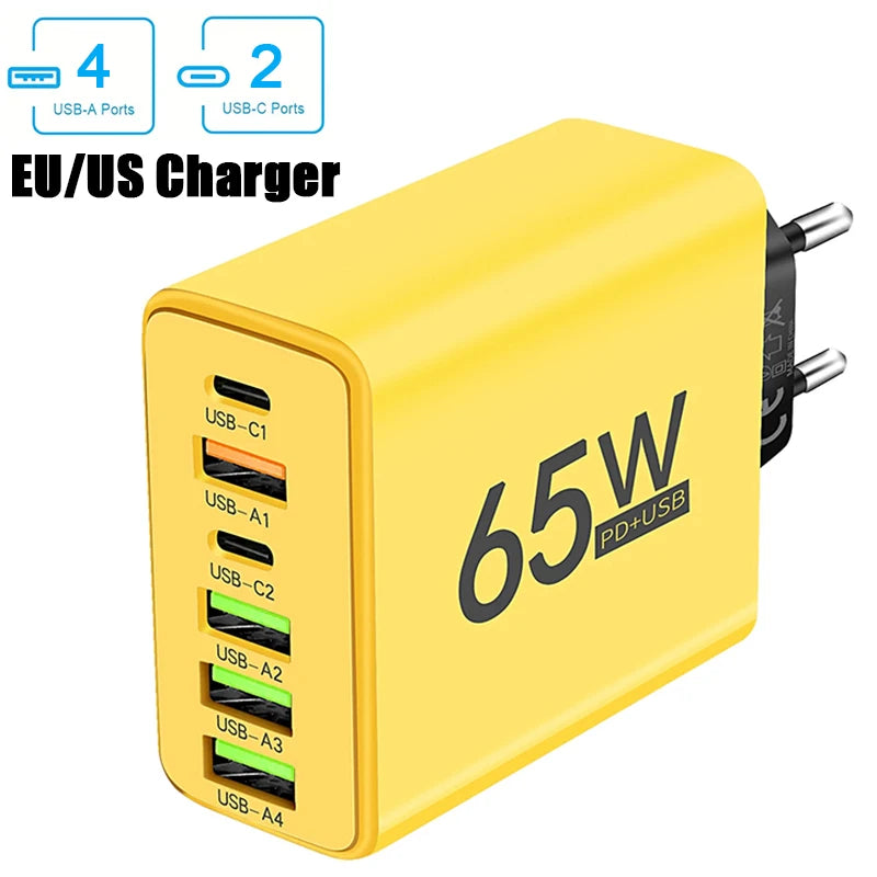 Cargador Pared USB Tipo C 6 Puertos Carga Rápida PD para iPhone 14/15 Pro Max/Samsung/Xiaomi/Huawei