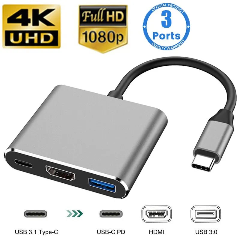 Hub USB C 3 en 1 (Tipo C 3.0 a HDMI 4K, PD Carga Rápida) Adaptador Splitter para MacBook/Teléfono/Computadora