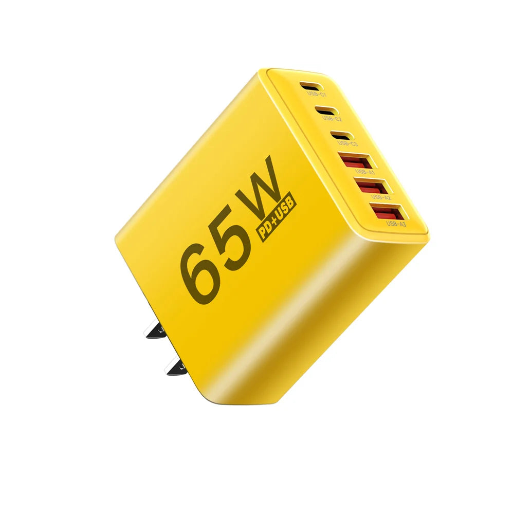 Cargador Pared USB C Múltiple 6 Puertos 65W Carga Rápida Total PD Adaptador Móvil para iPhone 15/16 Pro/Xiaomi/Samsung