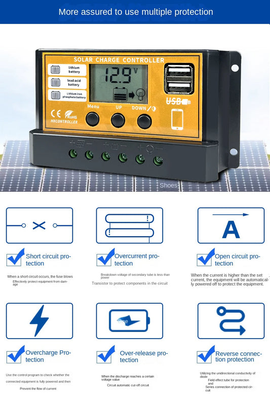 Controlador Carga Solar PWM 10A/20A/30A 12V/24V Regulador Carga PV LCD para Batería LiFePO4/Litio/Gel