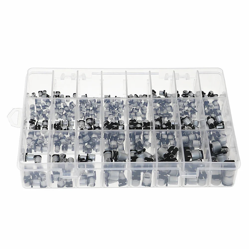 Kit Surtido Capacitor Electrolítico Aluminio SMD (1uF-1000uF, 6.3V-50V, 24 Valores) - Pack 400 Piezas