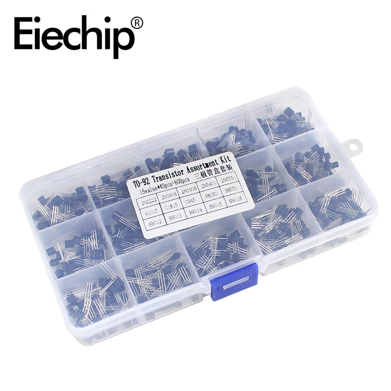 Kit Surtido Transistores TO-92 NPN/PNP (BC547/327/337, 2N2222/3904/3906, C945) en Caja - 200-900 Piezas