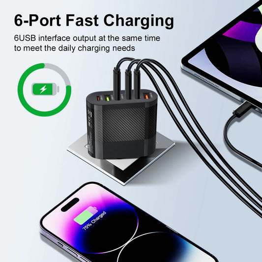 Cargador Pared USB C Múltiple 6 Puertos 65W Carga Rápida PD Adaptador Móvil para iPhone 14/15 Pro/Xiaomi/Samsung/Oneplus