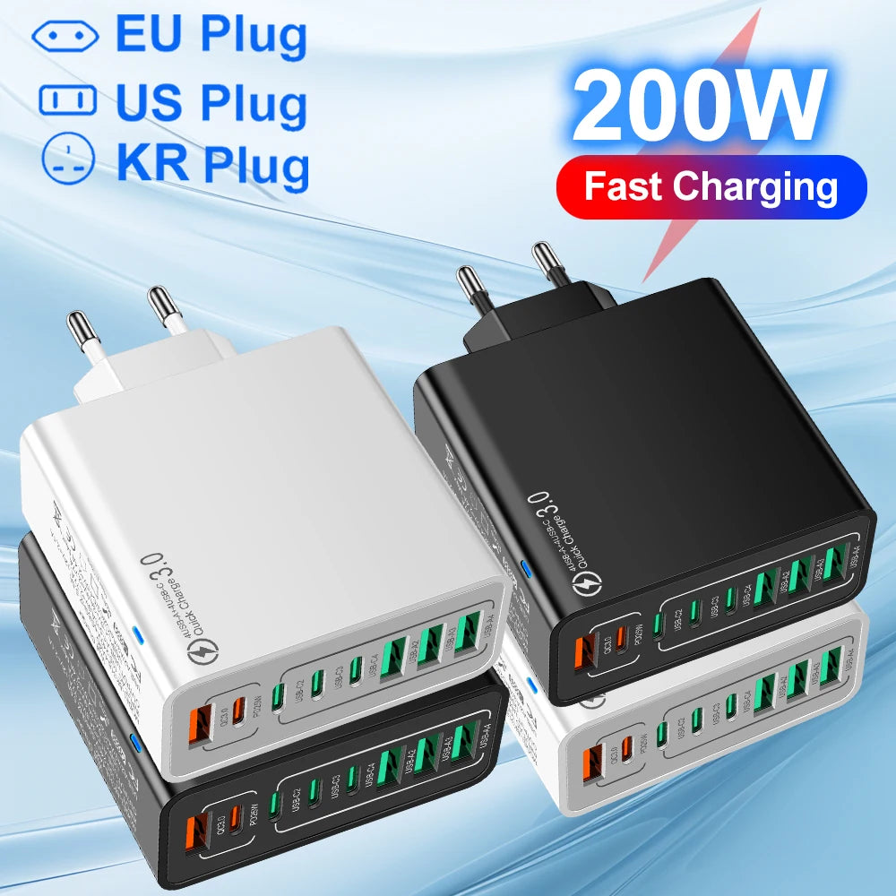 Cargador Pared USB 8 Puertos (Total 65W) Carga Rápida (PD Tipo C, QC 3.0) Adaptador para iPhone 14/15 Pro Max/Xiaomi/Samsung