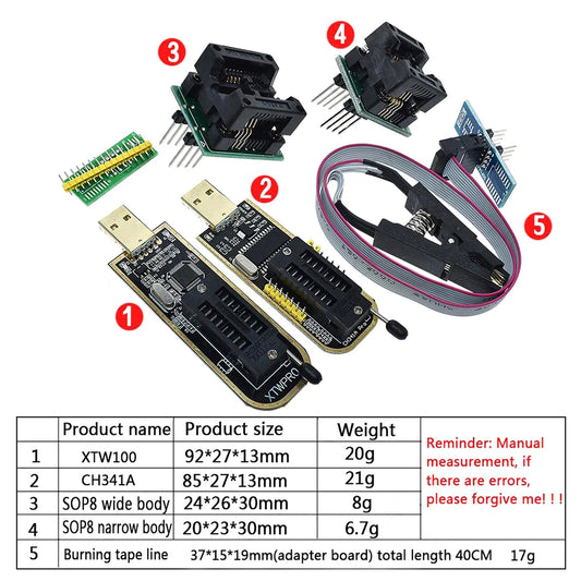 Kit Programador USB XTW100 (CH341B) 24/25 Series EEPROM Flash BIOS + Clip Test SOIC8/SOP8