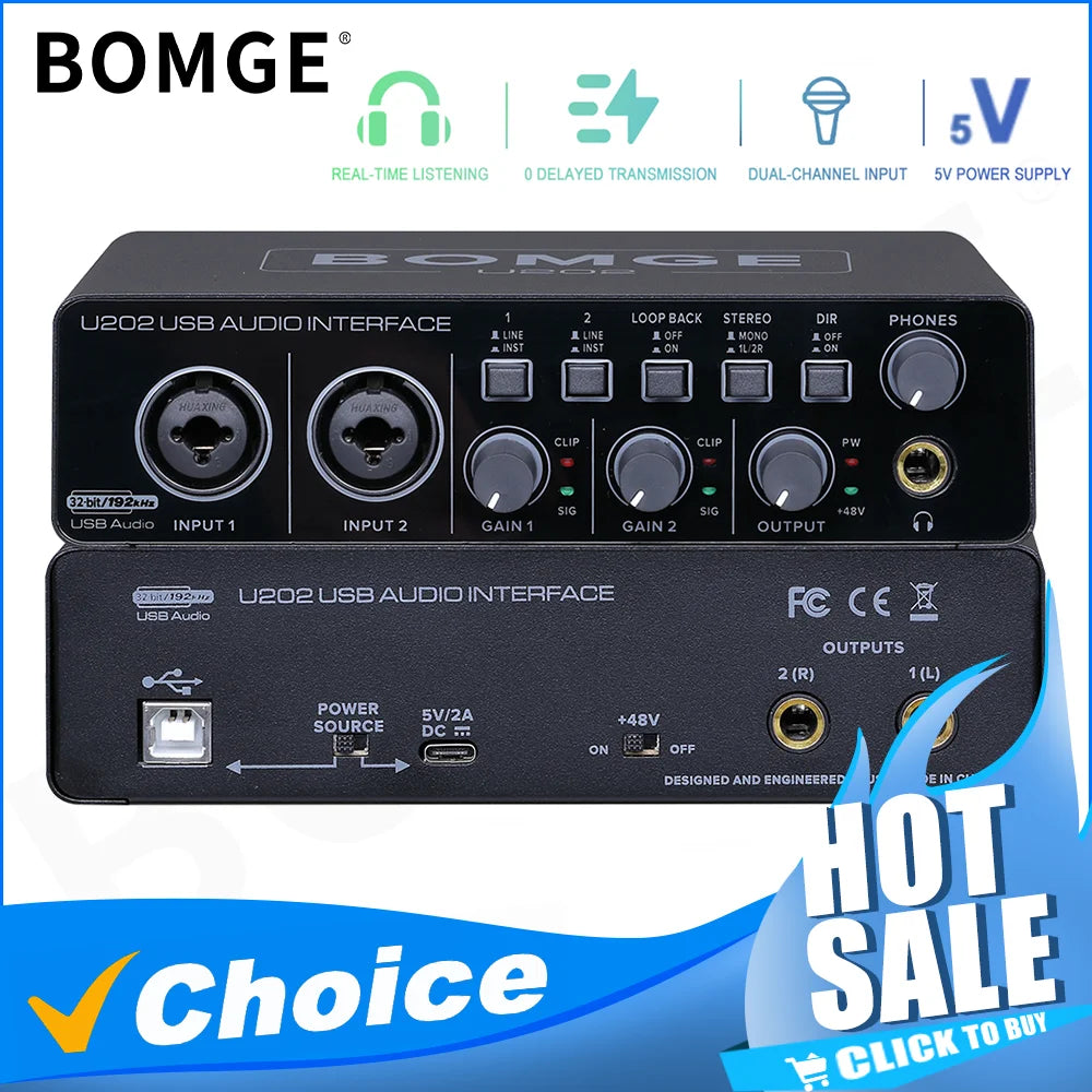 Interfaz de Audio USB Bomge U202 Preamplificador Micrófono XLR/TRS/TS 48V 32-bit/192kHz Grabación/Streaming