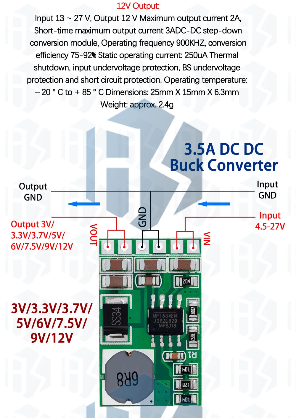 Módulo Convertidor Buck DC-DC 3.5A 4.5V-27V a 3V-12V Step-Down Regulador Voltaje DD2712SA