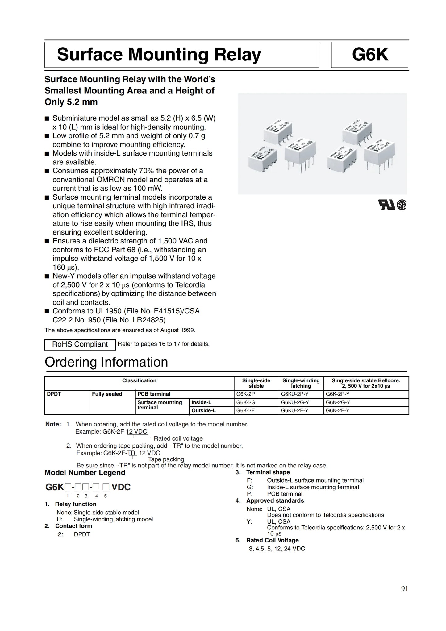 Relé Señal SMD G6K-2F-Y / G6K-2P-Y 8-Pin - Voltajes (3V/5V/12V/24V DC) 10x6.5x5mm - Lote 20 Piezas