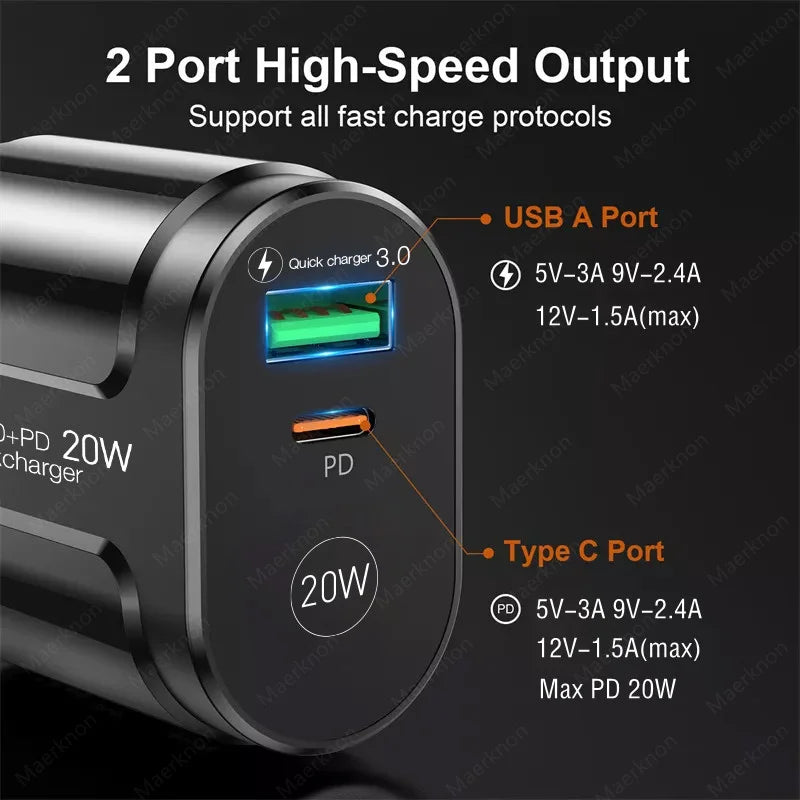 Cargador USB Doble Puerto (Quick Charge 3.0, PD 20W Tipo C) Adaptador Carga Rápida para iPhone 13/12Pro/Huawei/Xiaomi/Samsung