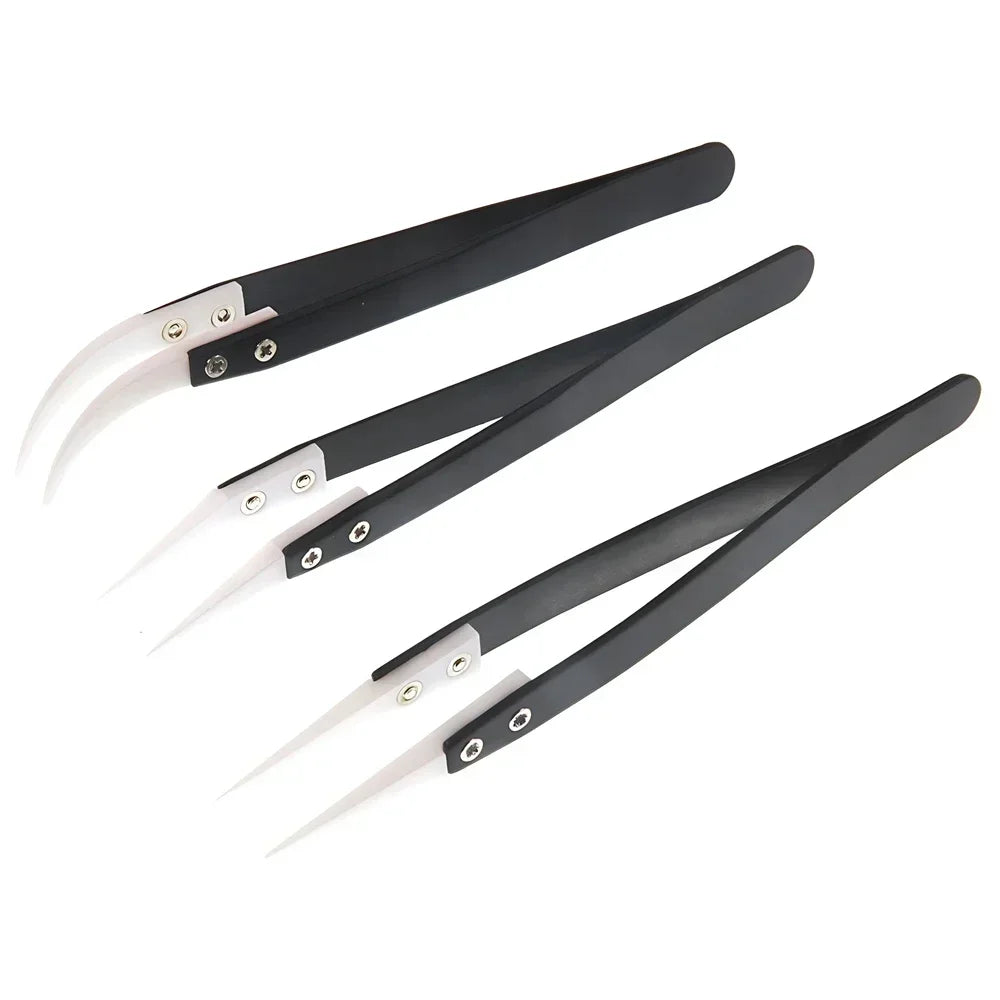 Pinzas Cerámica Antiestáticas Acero Inoxidable Industriales (Punta Recta/Curva Aislada) Negro/Blanco