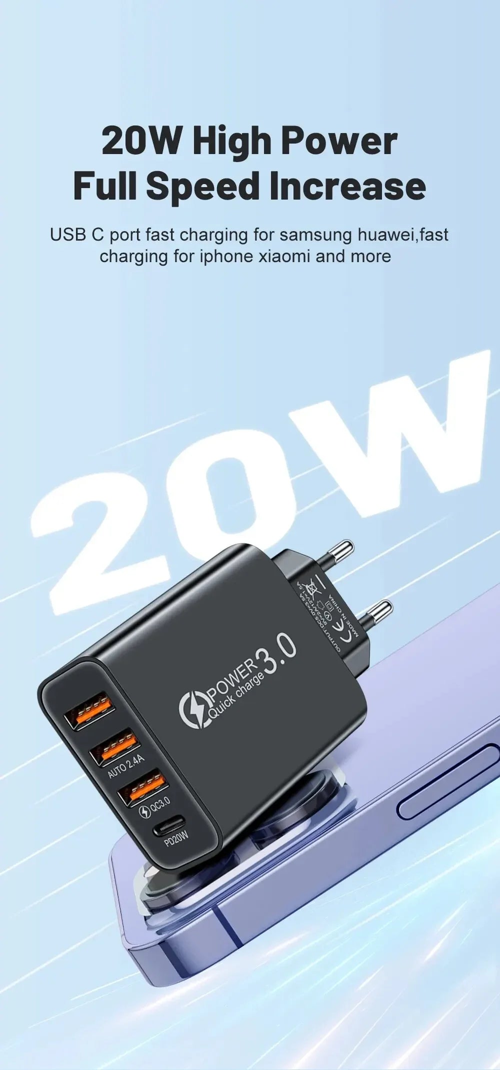 Cargador Pared Múltiple 4 Puertos USB (Total 60W) Carga Rápida PD Tipo C Adaptador Móvil para Xiaomi/iPhone 14/15/Samsung S24