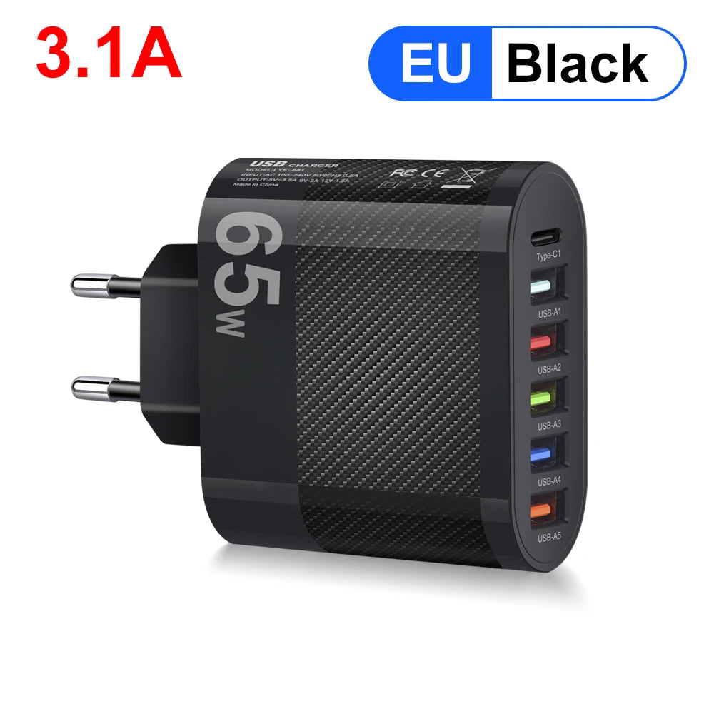 Cargador Pared USB 5 Puertos 3.1A Adaptador Carga PD QC 3.0 para Xiaomi/iPhone 13/Samsung