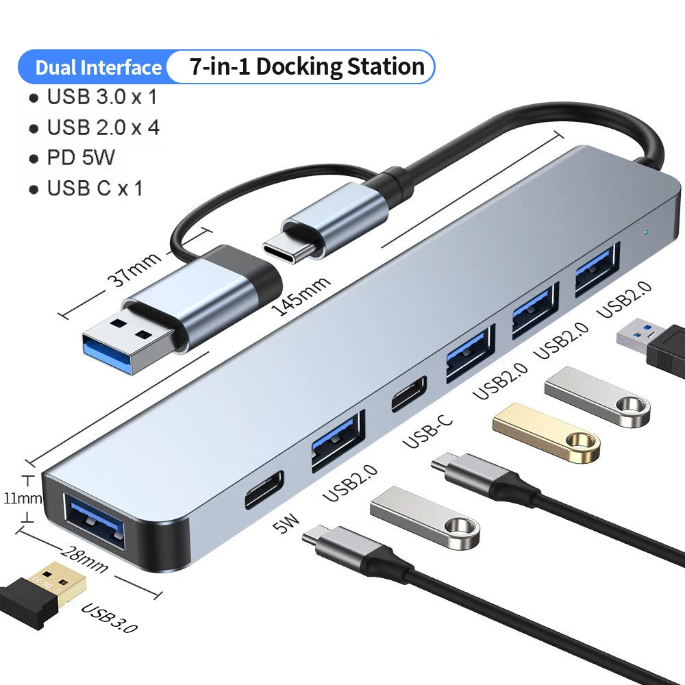 Hub Extensor USB-C a USB 3.0 Aluminio 7 en 1 (1x USB 3.0, 4x USB 2.0, 2x USB-C) Distribuidor USB