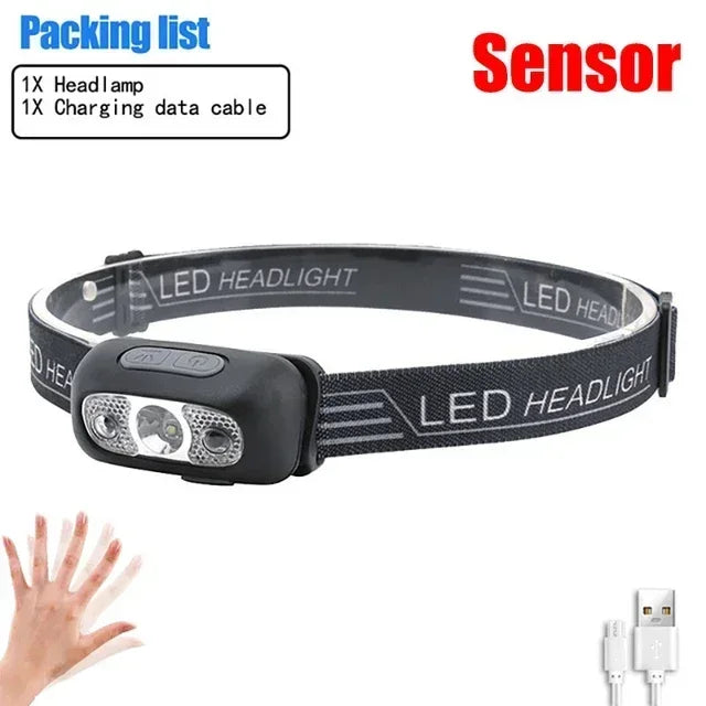 Linterna Frontal LED Portátil Luz Fuerte con Sensor (Recargable USB) para Camping Exterior/Pesca/Emergencia