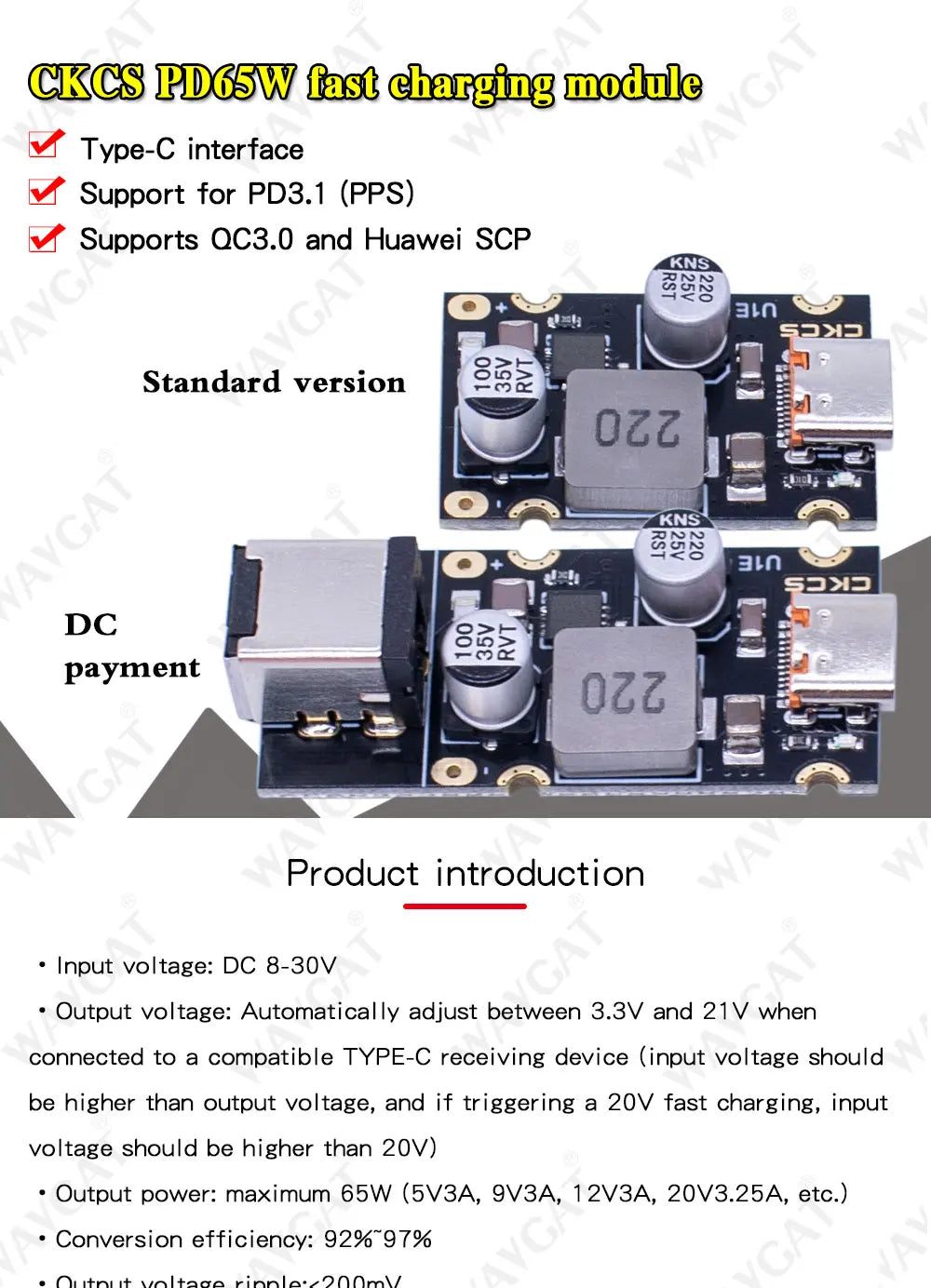 Módulo Carga Rápida CKCS PD 65W USB-C Soporta Apple PD3.1/PPS/QC3.0/Huawei SCP