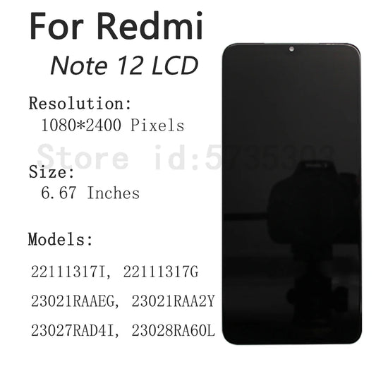 6.67" Tested AMOLED Display For Redmi Note 12 LCD Screen Digitizer For Redmi Note 12 4G 5G LCD Display 22111317G 23028RA60L LCD