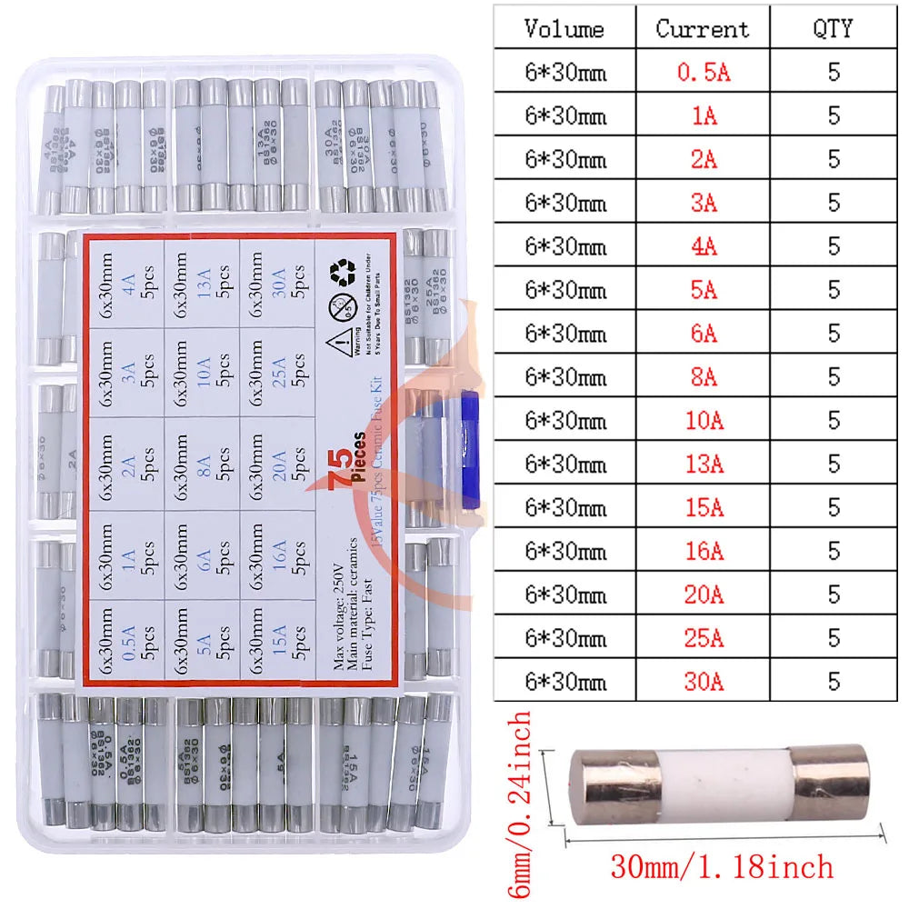 12V-250V Slow Fast Glass Fuse With Lead Wire Mix kit 0.1A 0.25A 0.5A 1A 2A 2.5A 3A 3.15A 4A 5A 6A 6.3A 8A 10A 15A 16A 20A 30A