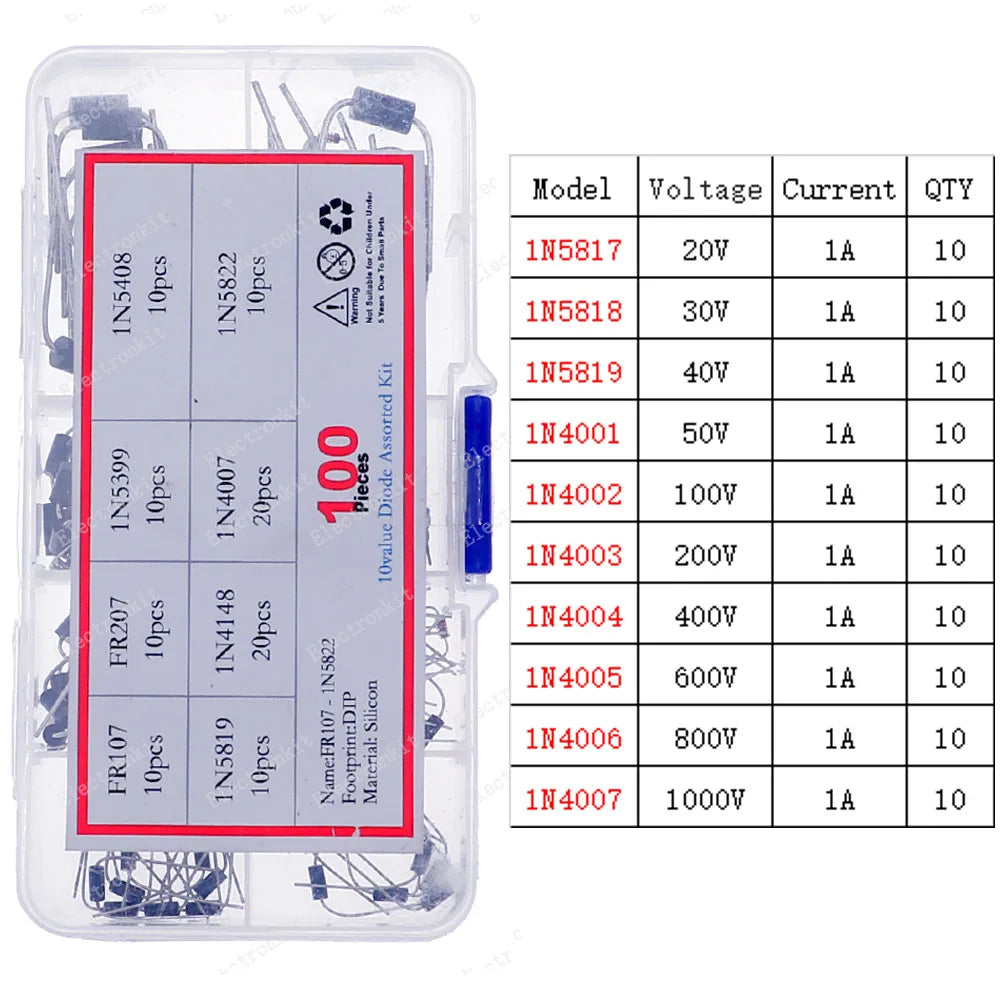 Kit Surtido Diodos (Rectificador/Zener/Schottky Rápido/Switching) DIP/SMD (1N4148, 1N4007, 1N5819, FR107, etc.)