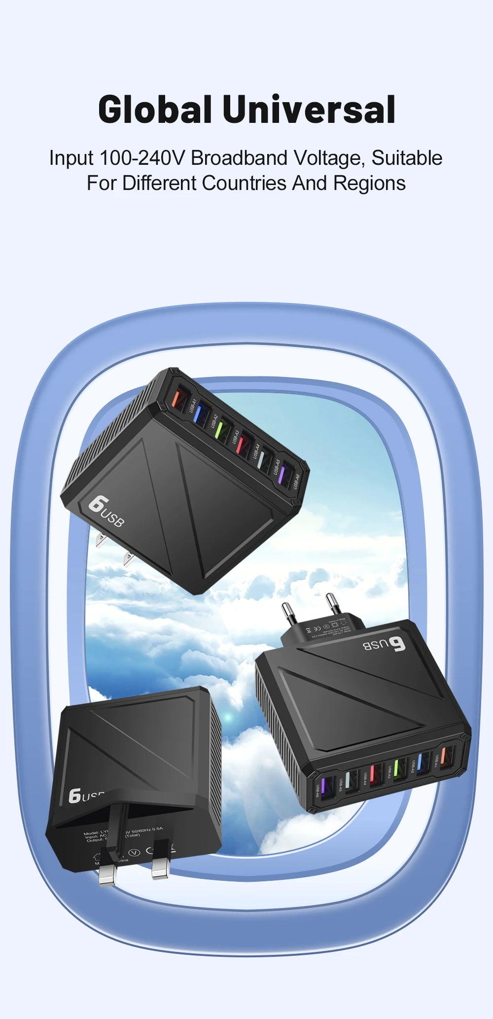 Cargador Pared USB 6 Puertos 3.1A Carga Rápida Adaptador Móvil para iPhone/Samsung/Xiaomi/Huawei