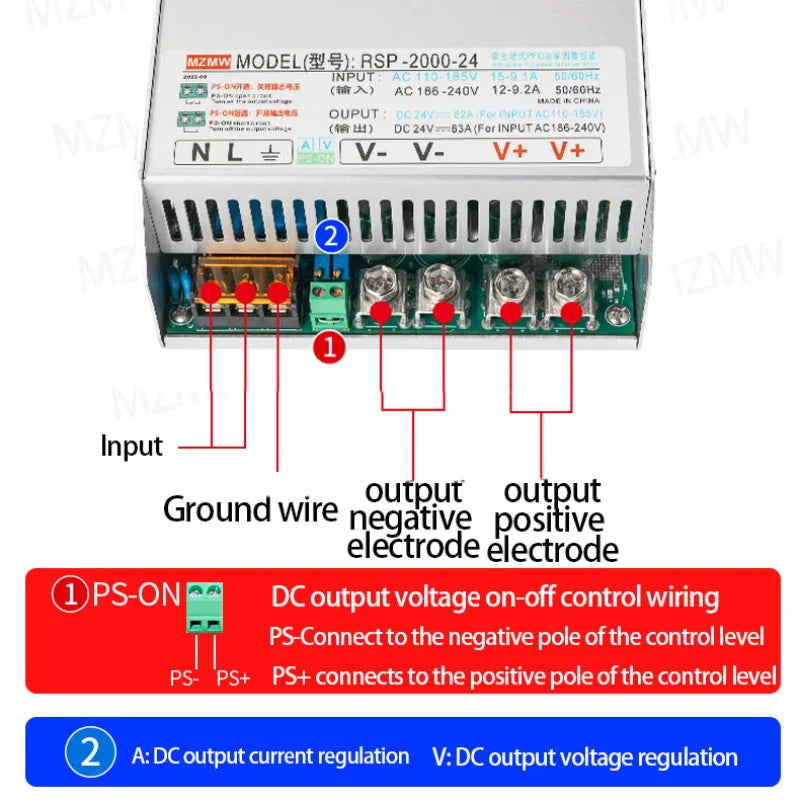 Fuente Alimentación Switching PFC MZMW 2000W Voltaje/Corriente Ajustable 0-24V a 220V CC/CV AC 100-240V a DC