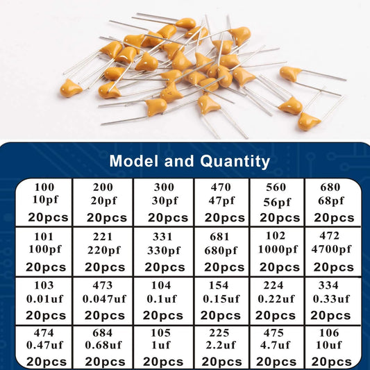 Kit Surtido Capacitores Cerámicos 24 Valores (0.1uF-10uF) para Guitarra (480 Unidades)