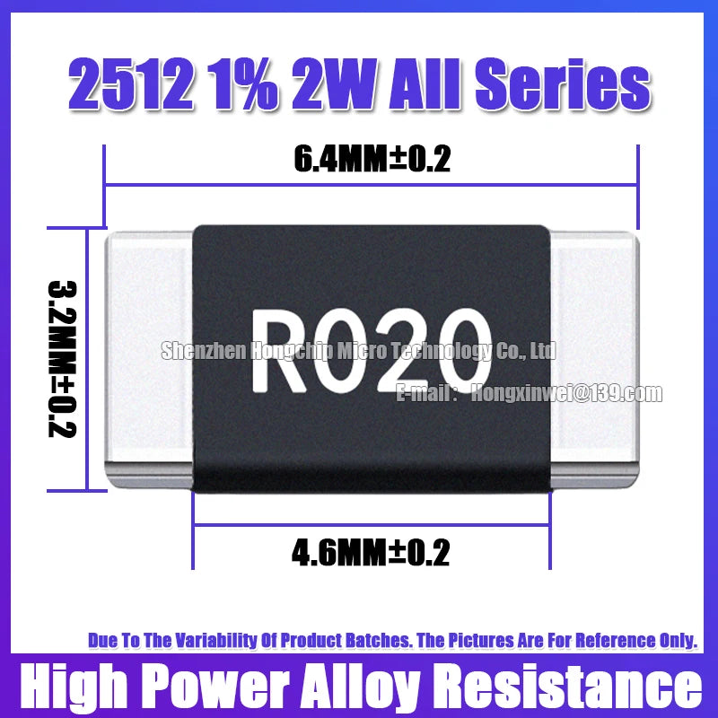 Resistencia Aleación SMD 2512 2W - Varios Valores Bajos (R001 a R300) 6.4x3.2mm - Lote 20 Piezas