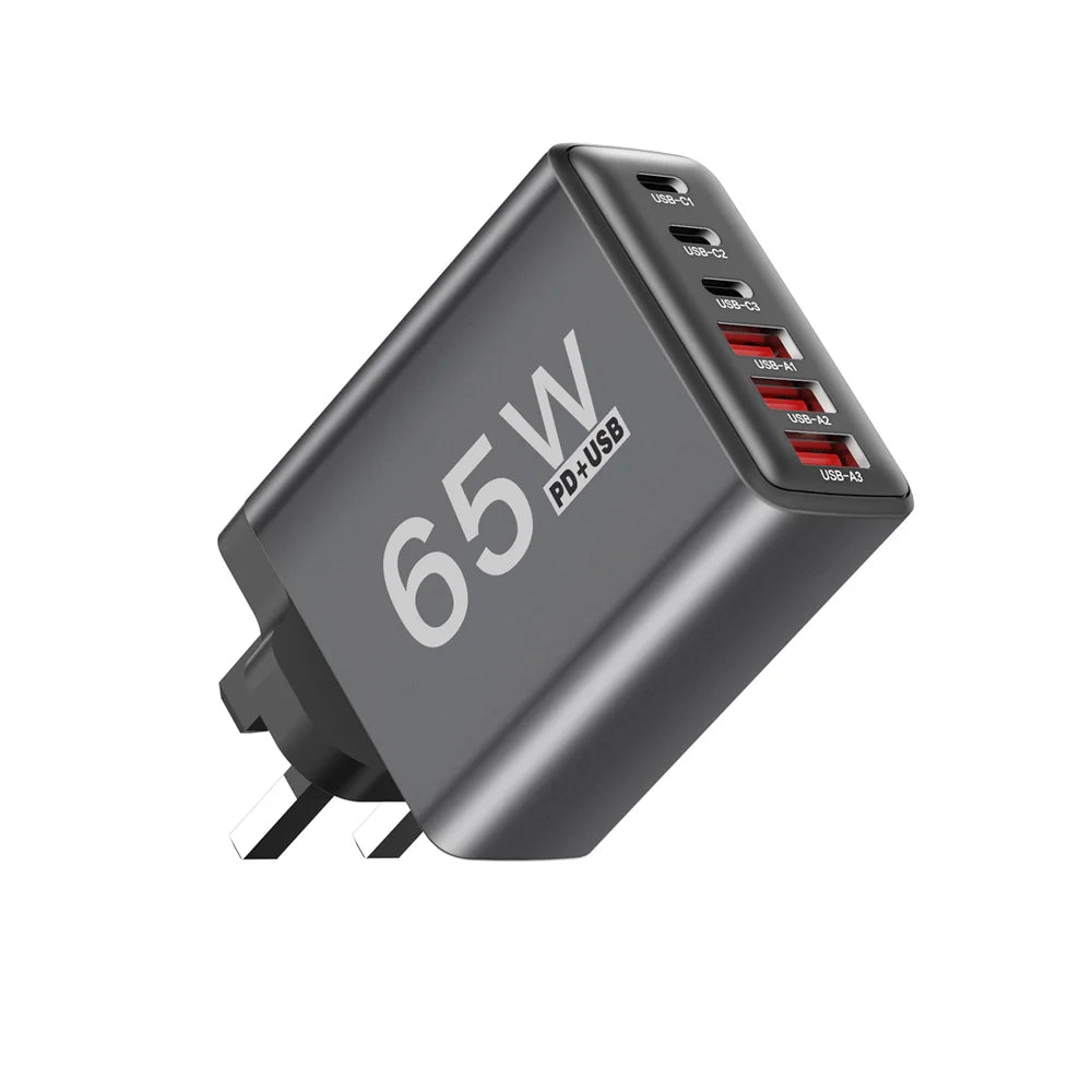 Cargador Pared USB C Múltiple 6 Puertos 65W Carga Rápida Total PD Adaptador Móvil para iPhone 15/16 Pro/Xiaomi/Samsung