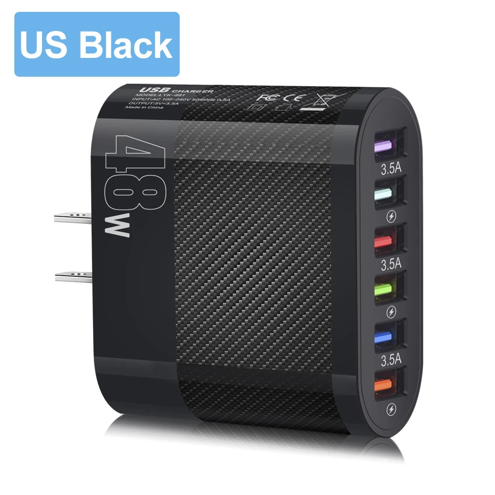 Cargador Pared Rápido USB 6 Puertos (6 en 1) Adaptador Carga para Samsung S22/S23, Xiaomi
