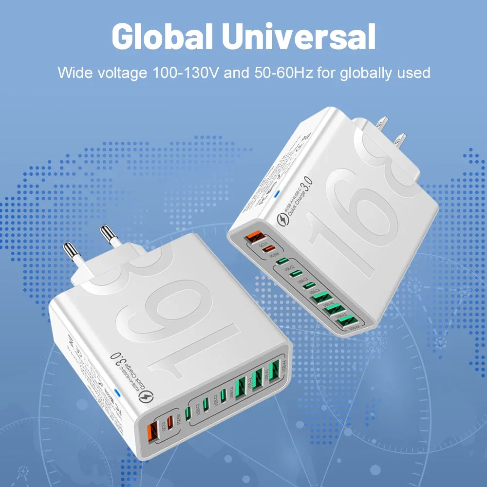 Cargador Pared USB Tipo C Múltiple 8 Puertos Alta Velocidad Carga Rápida PD para iPhone 15/Xiaomi/Huawei
