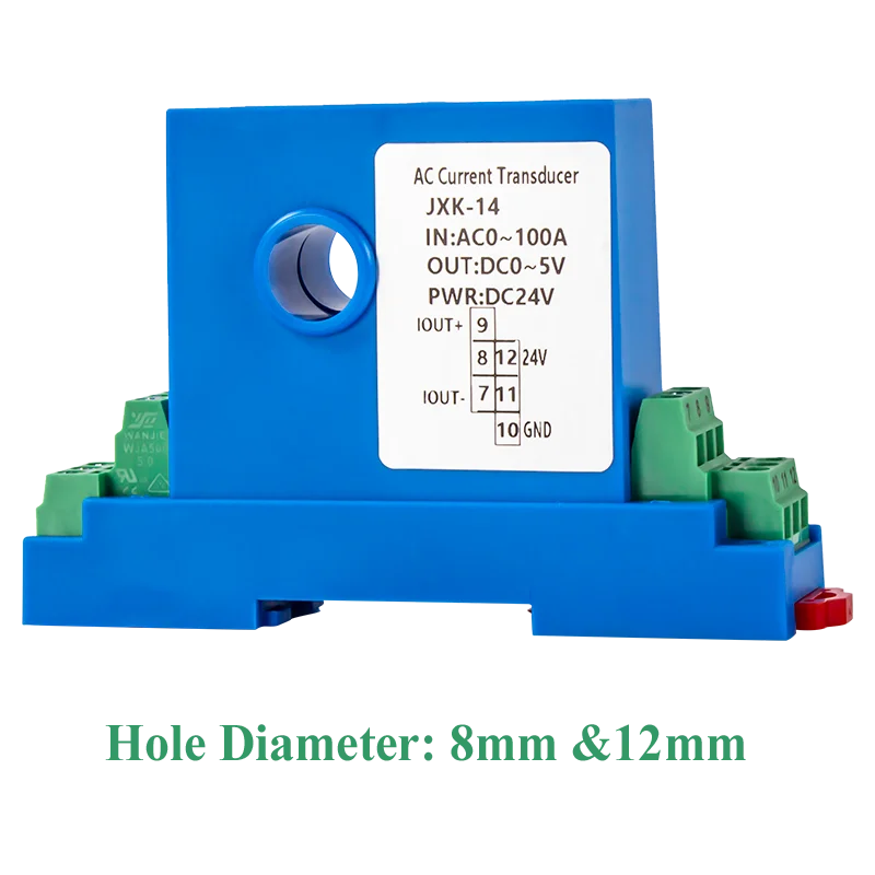 Transmisor/Transductor Corriente AC/DC 0-10A a 150A a 0-10V/0-5V/4-20mA Agujero 8mm/12mm DC24V
