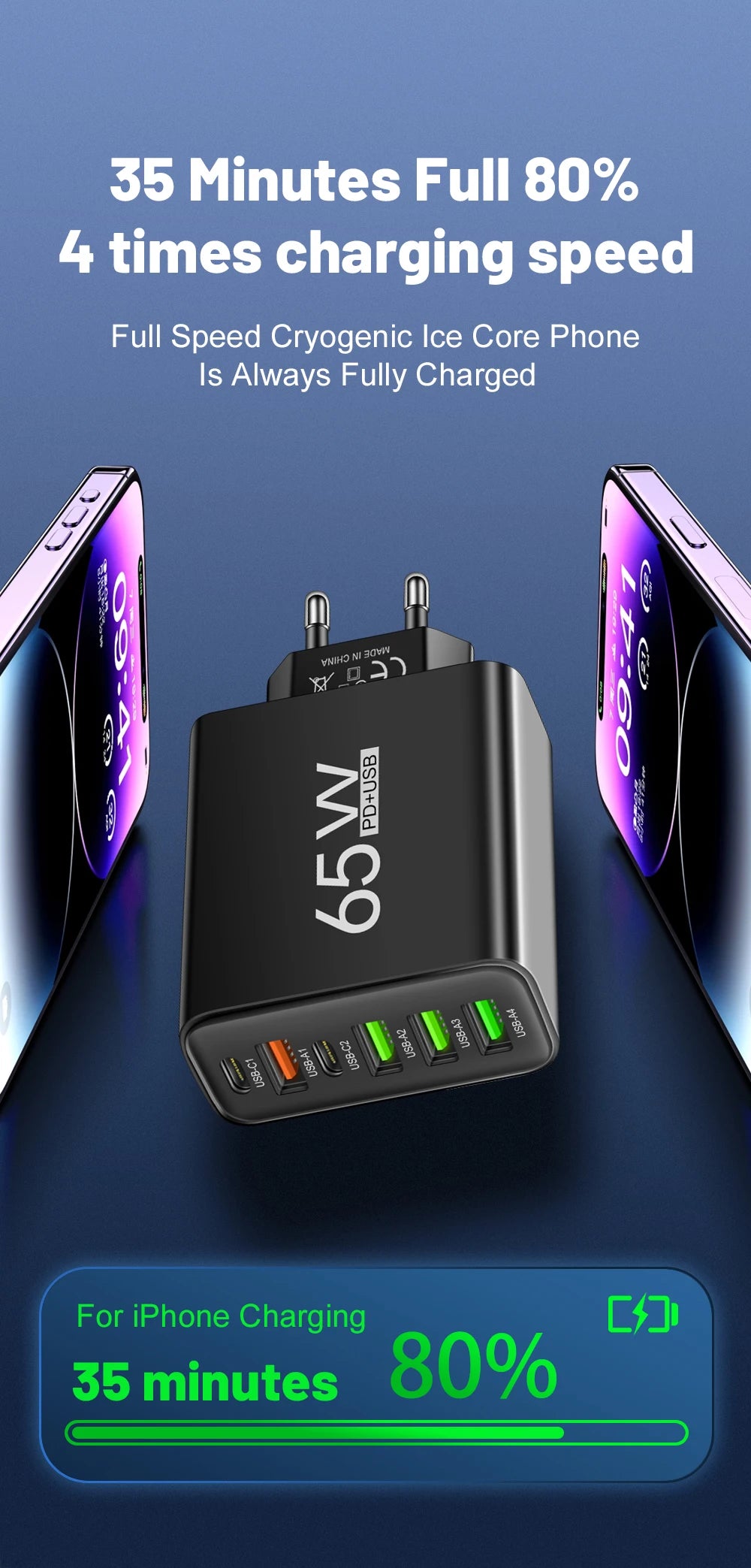 Cargador Pared Rápido USB-C 65W (6 Puertos) para iPhone 14/15 Pro Max, Samsung S23, Xiaomi 14