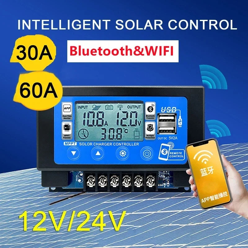 Controlador Carga Solar MPPT 30A/60A 12V/24V LCD Display Bluetooth/WiFi Snap-On Almacenamiento Energía