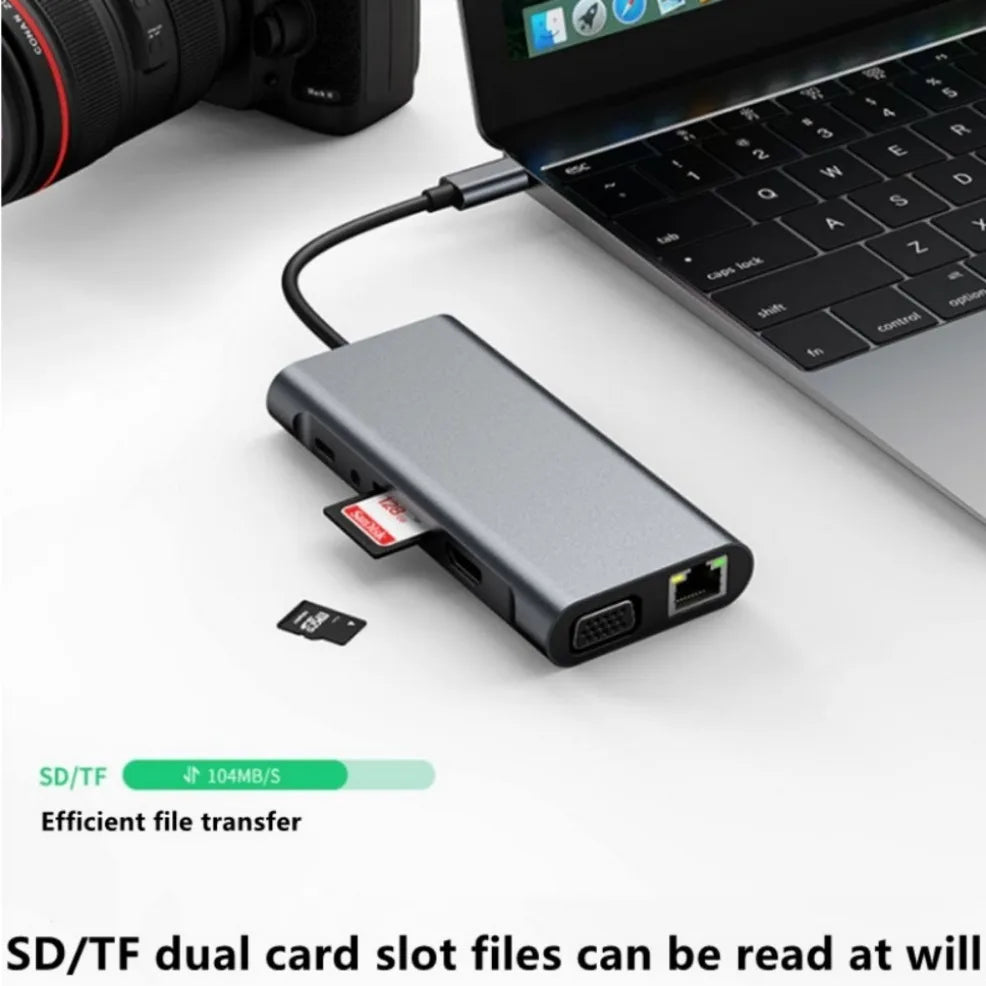 Hub USB-C Docking Station 11-en-1 Tipo-C a HDMI 4K, VGA, RJ45, PD 100W, USB para PC Accesorios Computador