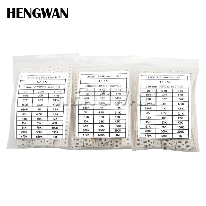 Kit Surtido Resistencias SMD 1% (0201-1206, 33 Valores x 20pcs = 660pcs, 1R-1M Ohm) Set Resistencia