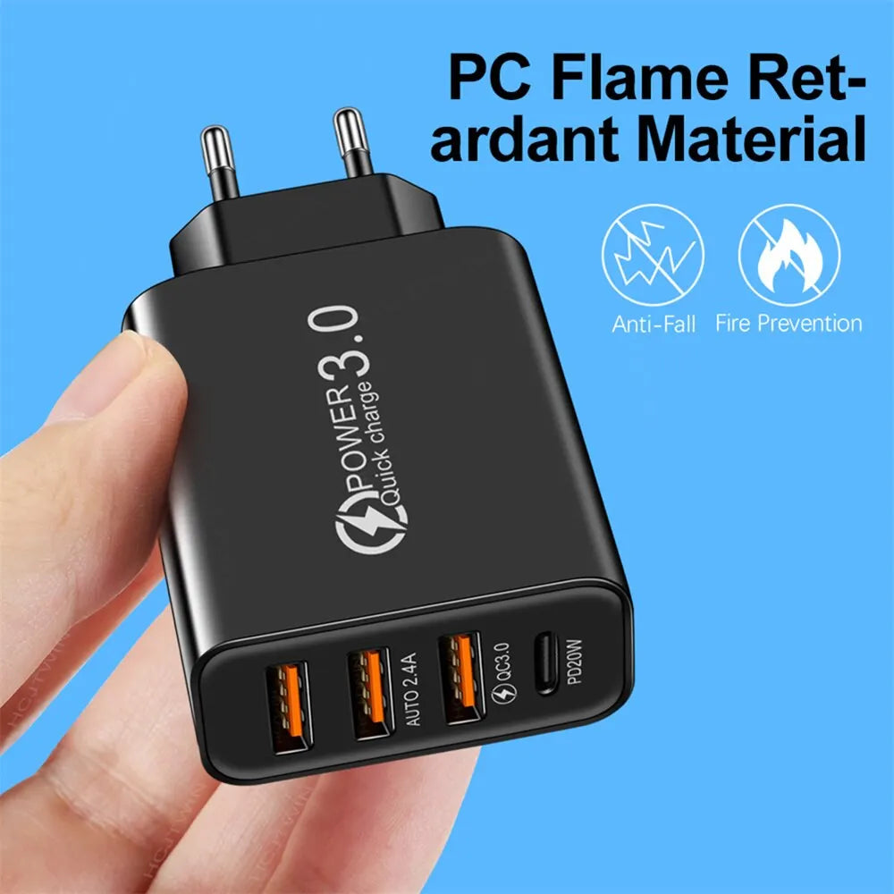 Cargador Rápido USB Tipo C 4 Puertos (QC 3.0, PD) Adaptador Corriente para Móvil iPhone/Samsung/Xiaomi (Negro)