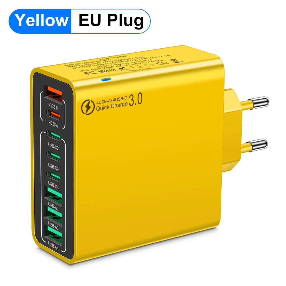 Cargador Pared USB 8 Puertos (Total 65W) Carga Rápida (PD Tipo C, QC 3.0) Adaptador para iPhone 14/15 Pro Max/Xiaomi/Samsung