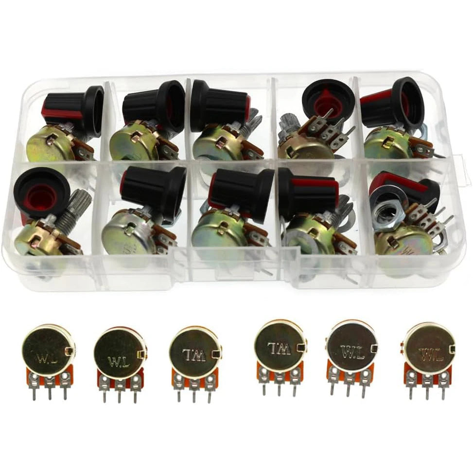10 Sets 15MM WH148 Knurled Shaft 3 Terminals Linear Taper Rotary Potentiometer Assortment Kit B1K 2K 5K 10K 20K 50K 100K 250K 50