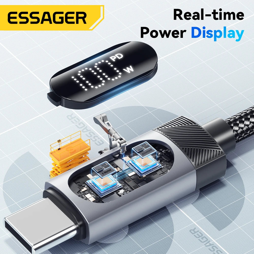 Cable Essager USB-C a Tipo C PD 100W Carga Rápida con Pantalla Digital para iPhone 15/16/Xiaomi/Huawei/Macbook/iPad
