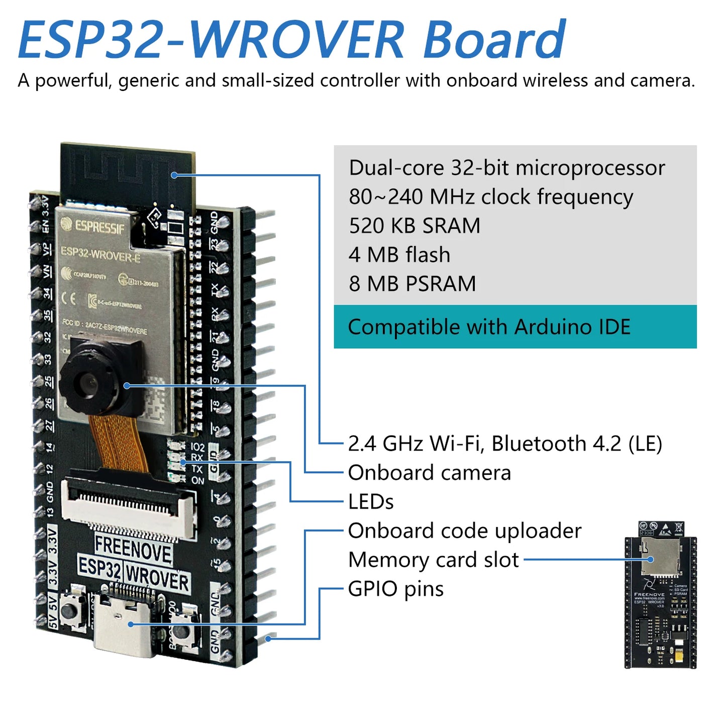 Kit Inicio Freenove Ultimate para ESP32-WROVER CAM Inalámbrico (Python/C/Java, 240 Items, 122 Proyectos, Tutorial 795 Págs)