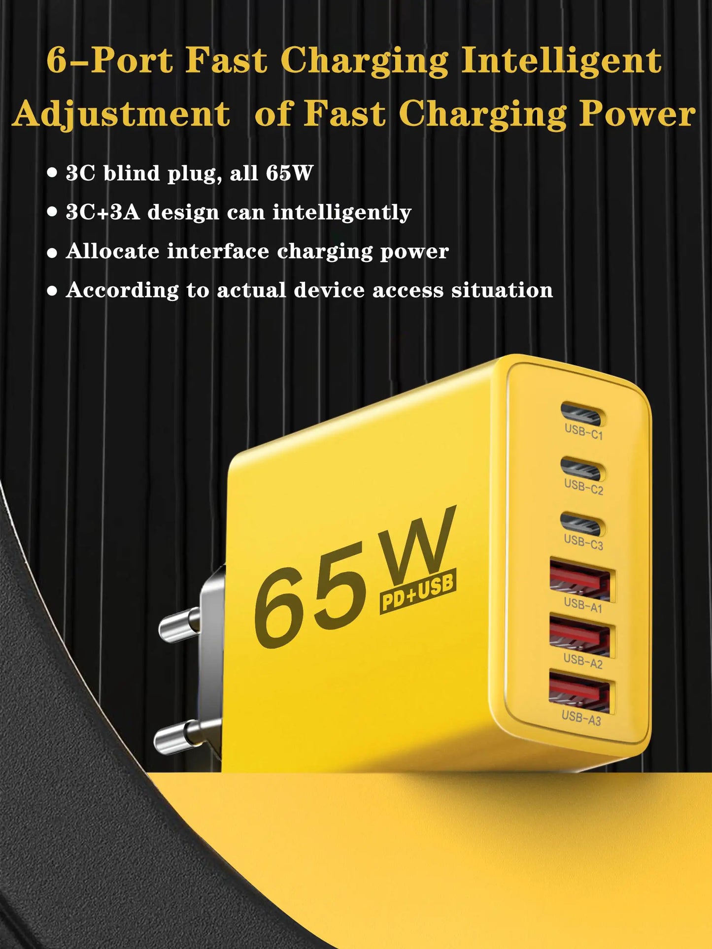 Cargador Pared USB C Múltiple 6 Puertos 65W Carga Rápida Total PD Adaptador Móvil para iPhone 15/16 Pro/Xiaomi/Samsung